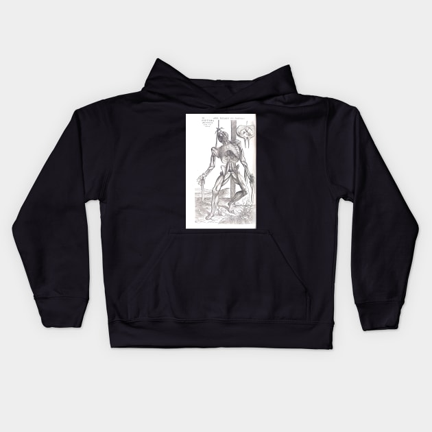 Anatomical skeleton Illustration from De humani corporis fabrica libri septem by Andreas Vesalius published circa 1543 (cleaned to remove bleed thru text) Kids Hoodie by artfromthepast